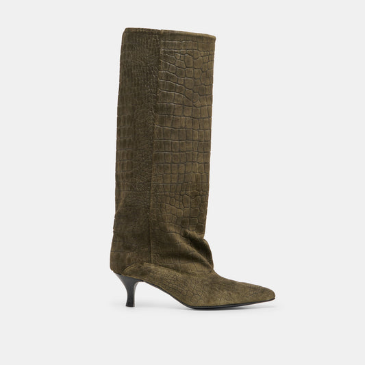 Roxla Olive Croco Embossed Leather Boots - OLIVE CROCO EMBOSSED LEATHER