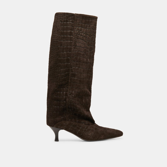 Roxla Dk Chocolate Croco Embossed Leather Boots - DK CHOCOLATE CROCO EMBOSSED LEATHER