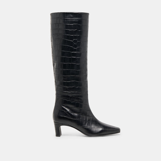 Trixi Noir Croco Embossed Leather Boots - NOIR CROCO EMBOSSED LEATHER