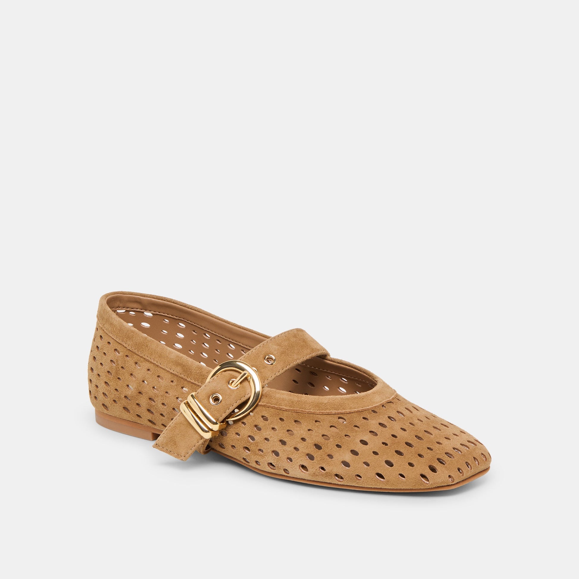 Mikel Lt Brown Perforated Suede Ballet Flats - LT BROWN PERFORATED SUEDE