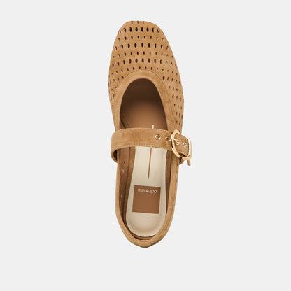 Mikel Lt Brown Perforated Suede Ballet Flats - LT BROWN PERFORATED SUEDE
