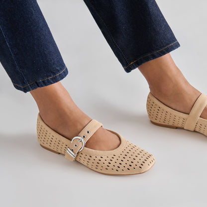 Mikel Camel Perforated Suede Ballet Flats - CAMEL PERFORATED SUEDE