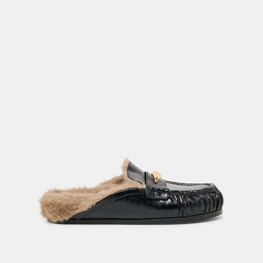 Jodero Plush Black Leather Flats - BLACK LEATHER