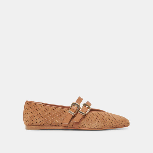 Baylee Wide Pecan Perforated Suede Ballet Flats - PECAN PERFORATED SUEDE