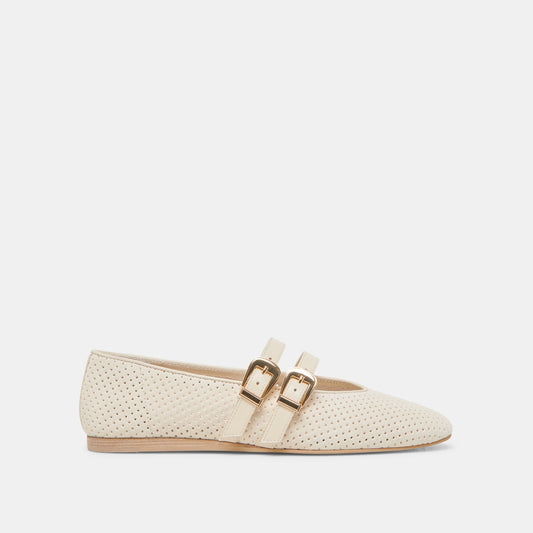 Baylee Wide Bone Perforated Suede Ballet Flats - BONE PERFORATED SUEDE