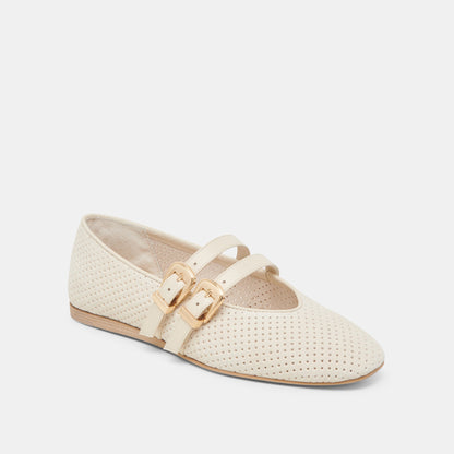 Baylee Wide Bone Perforated Suede Ballet Flats - BONE PERFORATED SUEDE