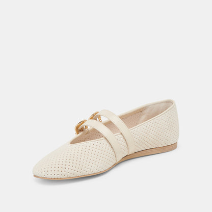 Baylee Wide Bone Perforated Suede Ballet Flats - BONE PERFORATED SUEDE
