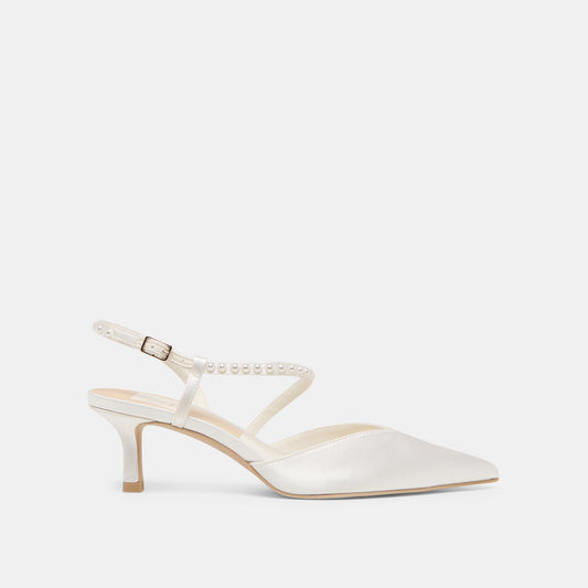 Kamra Pearl True White Satin Mid Heels - TRUE WHITE SATIN