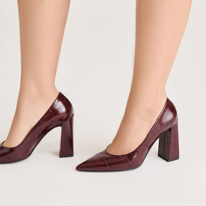 Misty Burgundy Croco Embossed Leather Heels - BURGUNDY CROCO EMBOSSED LEATHER