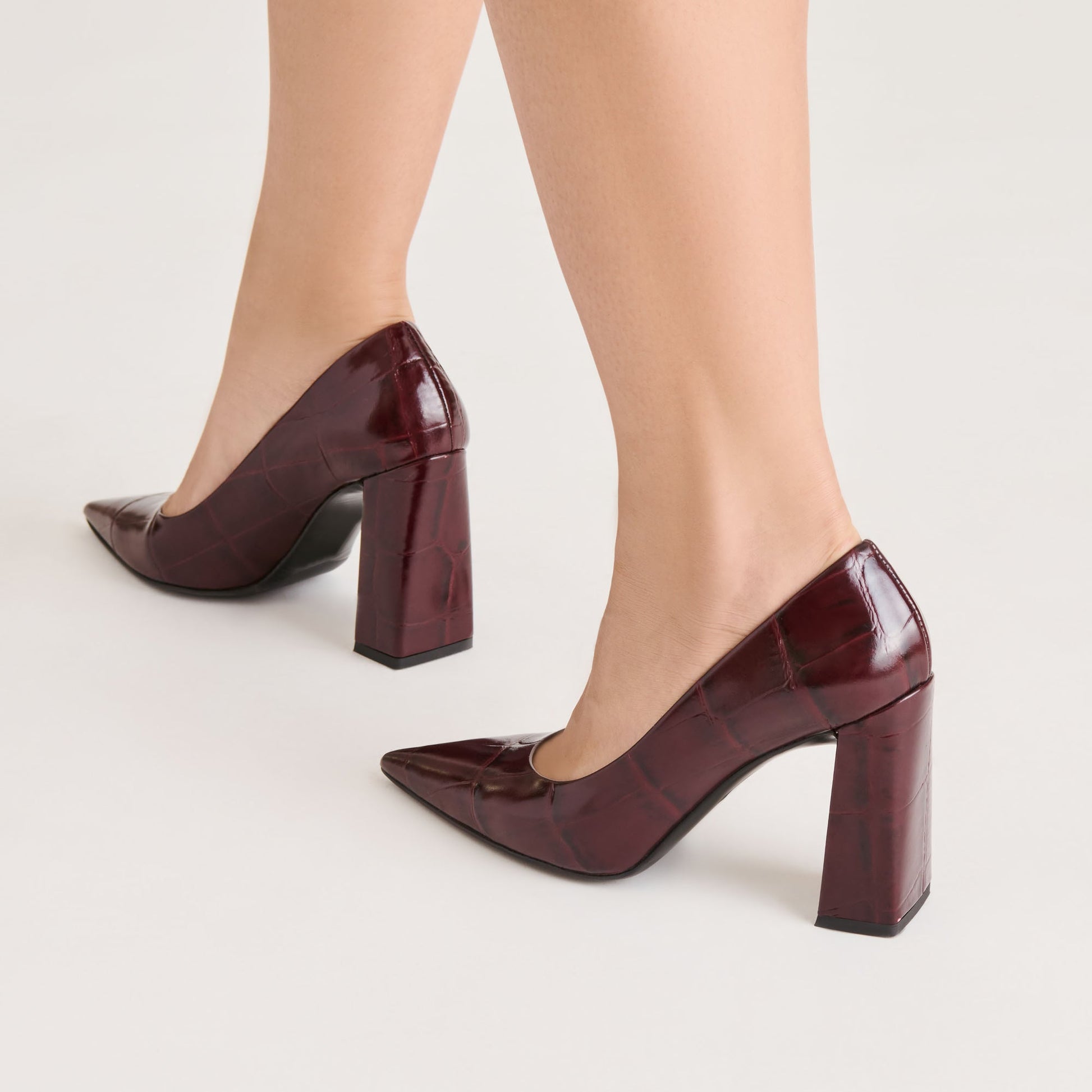 Misty Burgundy Croco Embossed Leather Heels - BURGUNDY CROCO EMBOSSED LEATHER