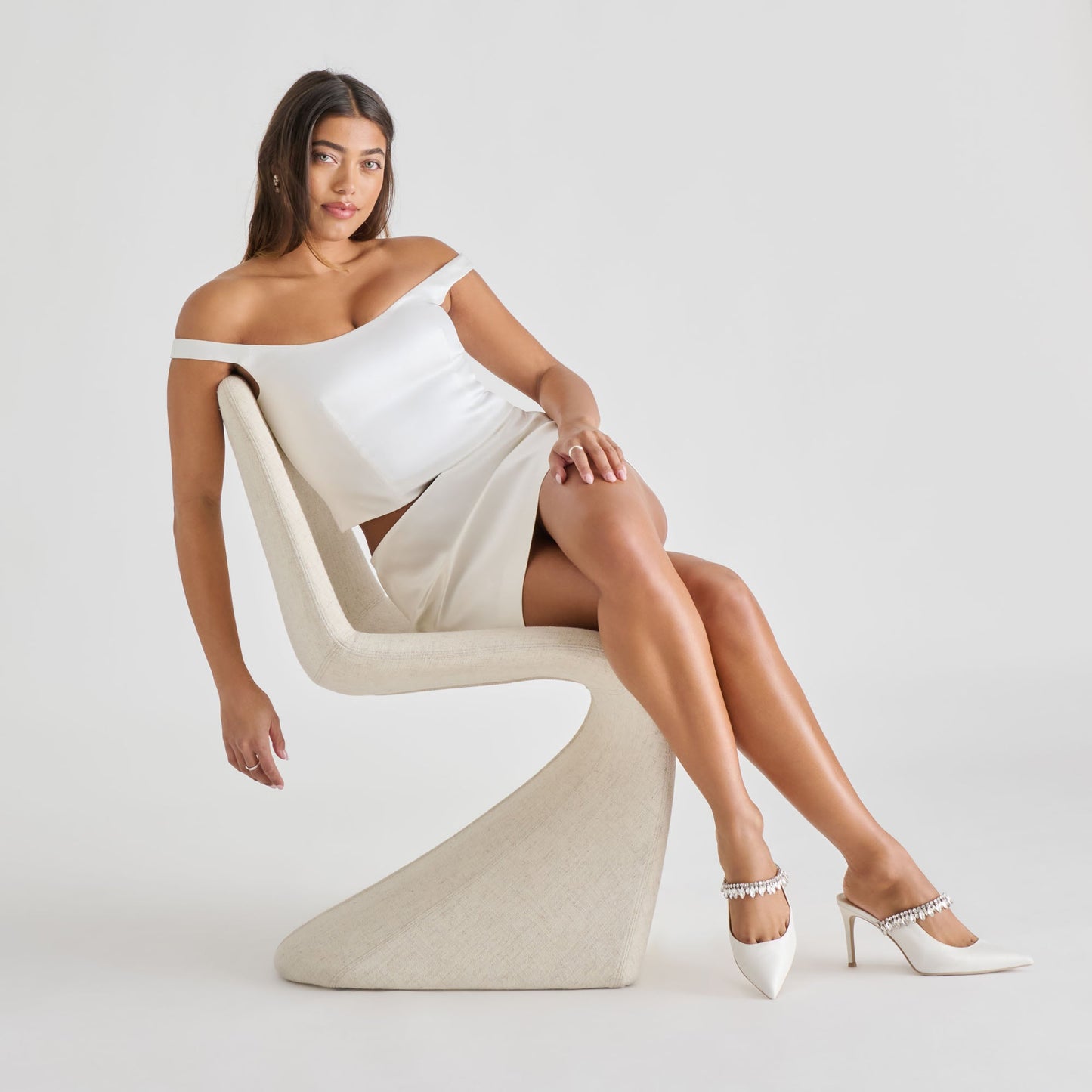 Keli Crystal White Satin Heels - WHITE SATIN