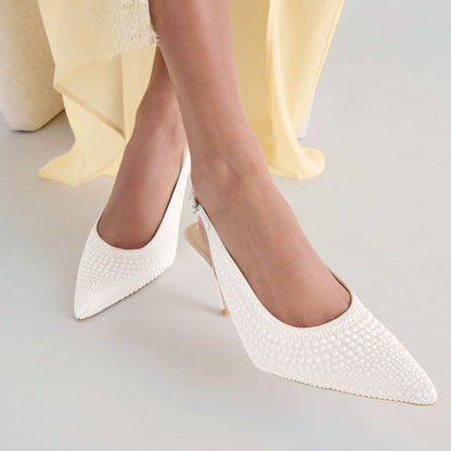 Elasi Pearl Off White Satin Heels - TRUE WHITE SATIN