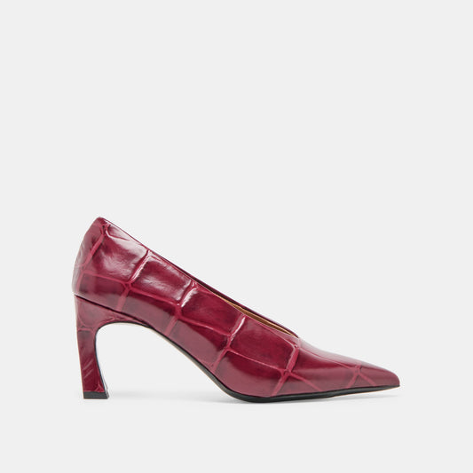 Midge Burgundy Croco Embossed Leather Heels - BURGUNDY CROCO EMBOSSED LEATHER