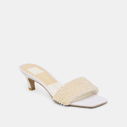 Rexa Pearl Off White Satin Heels - OFF WHITE SATIN