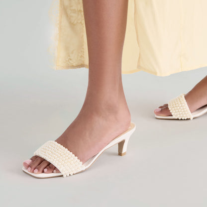 Rexa Pearl Off White Satin Heels - OFF WHITE SATIN