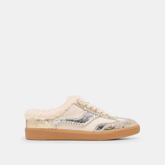 Notice Slide Plush Silver Gold Crackled Leather Sneakers - SILVER GOLD CRACKLED LEATHER