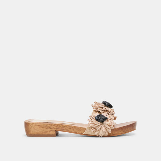 Ariena Black Natural Floral Raffia Sandals - BLACK NATURAL FLORAL RAFFIA