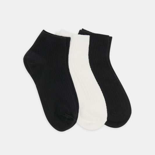 3 Pack Cable Anklet Black White Socks - BLACK WHITE