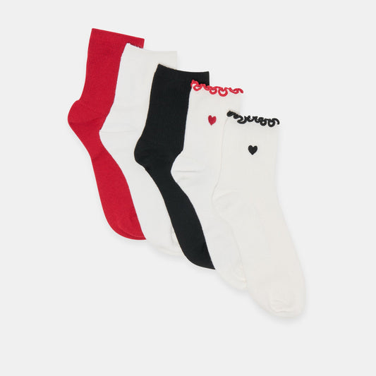 5 Pack Embroidered Rib White Black Multi Anklet Socks - WHITE BLACK MULTI