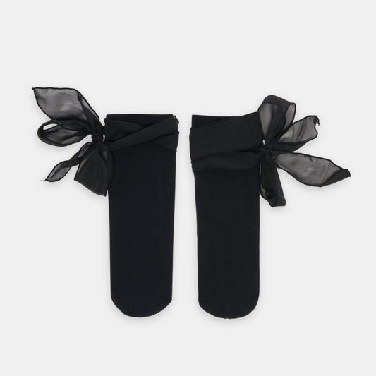 Tie Bow Black Anklet Socks - BLACK