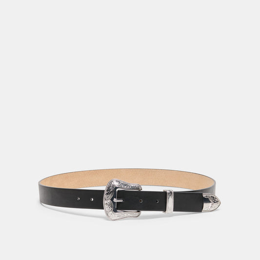 Vintage Western Black Silver Buckle Belt - BLACK SILVER