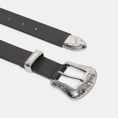 Vintage Western Black Silver Buckle Belt - BLACK SILVER