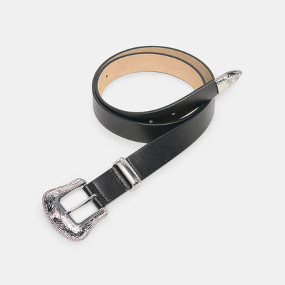 Vintage Western Black Silver Buckle Belt - BLACK SILVER